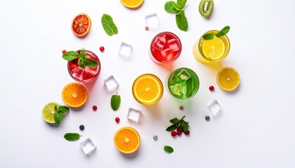 Vibrant Display of Assorted Fruits and Refreshing Beverages on Bright White Background Evoking Freshness