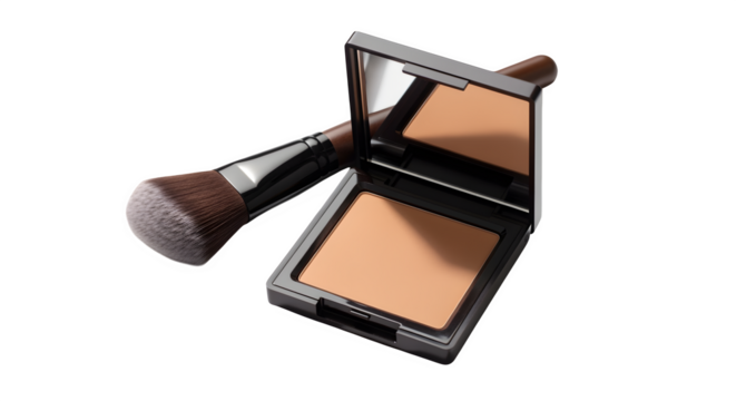 Matte bronzer compact with contour brush beside it, isolated on white background