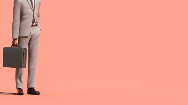 A businessman in a stylish suit holds a briefcase, standing against a vibrant coral background, exuding confidence and professionalism, Business banner with a blank space for text