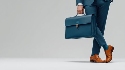 A stylish individual in a tailored suit holds a blue briefcase, showcasing a modern and professional aesthetic against a minimalistic background, Business banner with a blank space for text