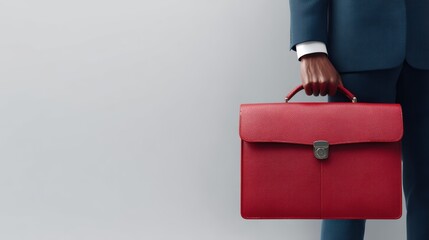 A businessman holding a sleek red briefcase, dressed in formal attire, against a minimalist background, conveying professionalism and style, Business banner with a blank space for text