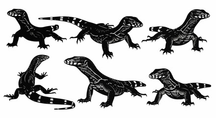 Naklejka premium Monitor Lizard Silhouette Set on White Background – Komodo Dragon, Water Monitor, Savannah Monitor, Nile Monitor, Exotic Reptiles, and Giant Lizard Vector Silhouettes Isolated