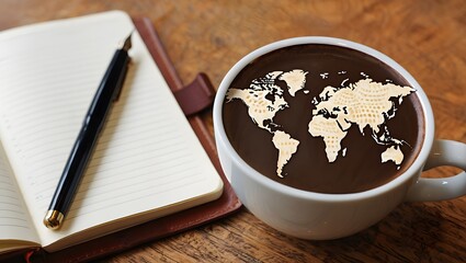 World map coffee mug and notebook on wooden desk