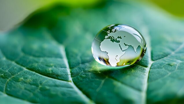 Crystal earth globe in a water droplet on a green leaf - Powered by Adobe