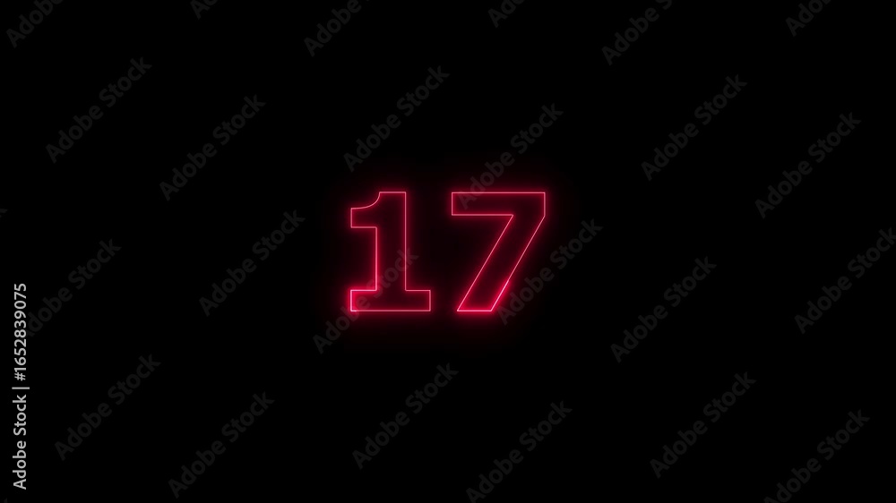 Poster glowing neon text 17 number countdown timer animation background. neon business number icon video.