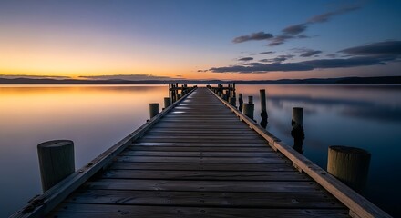 Obraz premium Tranquil Wooden Pier at Sunset Over Calm Lake.