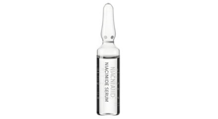 Niacinamide ampoule with transparent label, isolated on white background