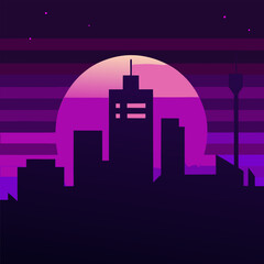 Fototapeta premium Abstract gradient banner with a dark city silhouette fading into deep purple