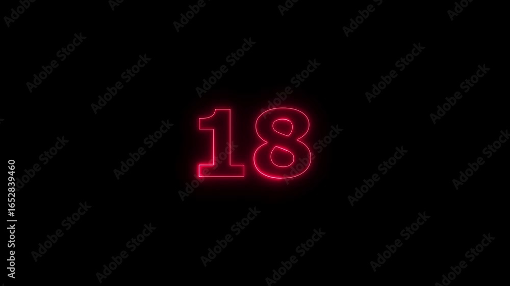 Poster glowing neon text 18 number countdown timer animation background. neon business number icon video.