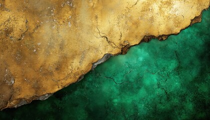 Abstract textured background merging gold and deep emerald green hues. Cracked, distressed surface with metallic sheen and aged patina evokes luxury, vintage charm, and sophisticated design.