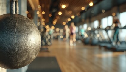 Dark gym ball hangs in a fitness center. Blurred figures work out