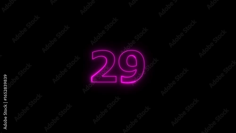 Poster glowing neon text 29 number countdown timer animation background. neon business number icon video.