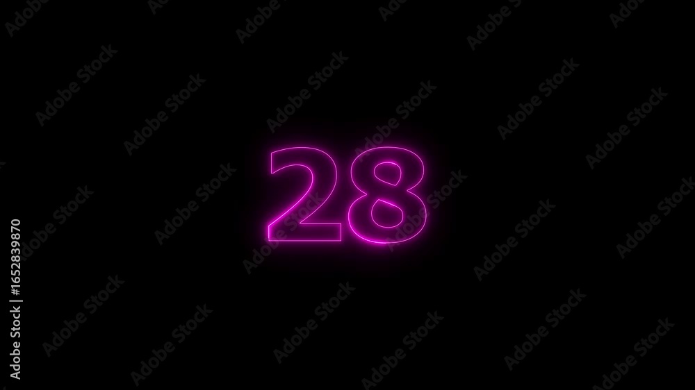 Poster glowing neon text 28 number countdown timer animation background. neon business number icon video.