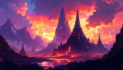 Fiery mountain fortress reflected in a tranquil lake