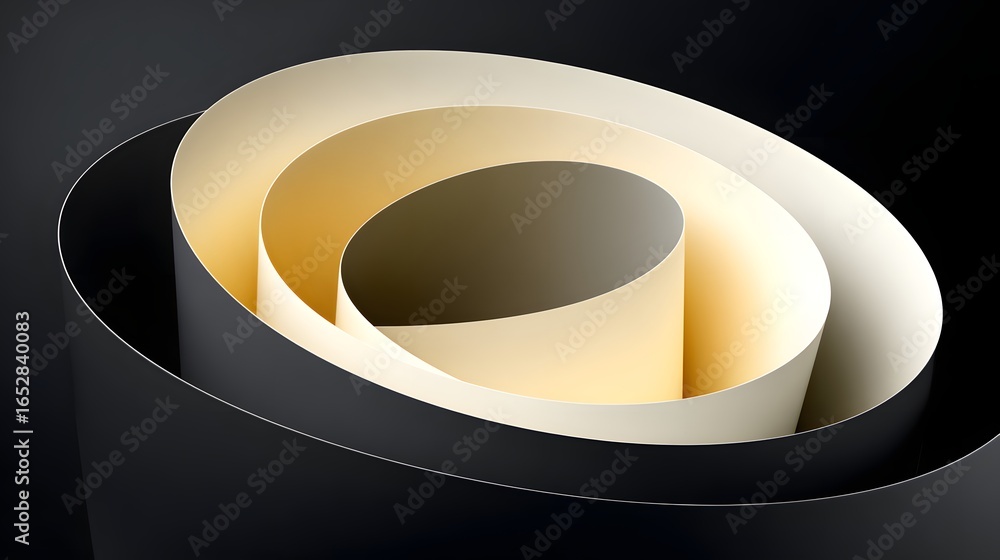 Poster abstract composition of layered, swirling, cream and black paper forms creating a dynamic, three-dim