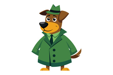 Funny cartoon illustration of a detective dog wearing a green coat and brown hat, holding a magnifying glass over one eye with a curious expression.