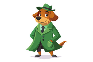 Funny cartoon illustration of a detective dog wearing a green coat and brown hat, holding a magnifying glass over one eye with a curious expression.