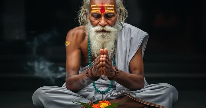 Meditative Indian Sadhu Portrait with Traditional Dress Holding Hands in Prayer Position with Dark Backdrop and Flower Offering
