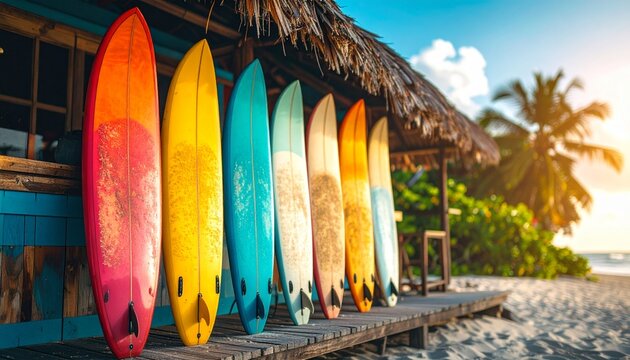 Imagen hiperrealista de varias tablas de surf apoyadas en fila contra una tienda de surf hawaiana con tejado de paja