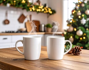 Two steamy mugs creating warm winter atmosphere with Christmas decorations