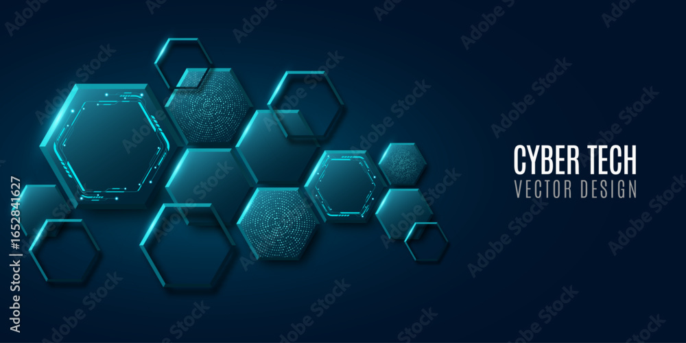 Poster futuristic hexagonal 3d shapes textured with electronic circuit pattern and glittering dots with blu