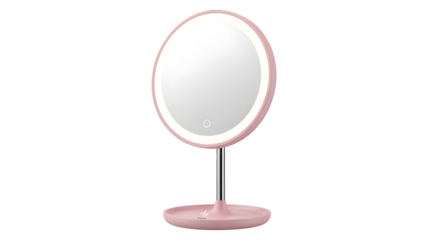 Pink vanity mirror with LED ring light, isolated on white background