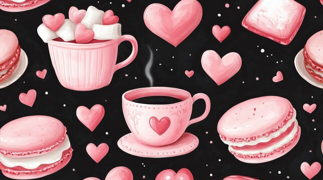 Creative valentine's day themed pattern featuring pink hearts, coffee, and sweet treats on a black background - Powered by Adobe