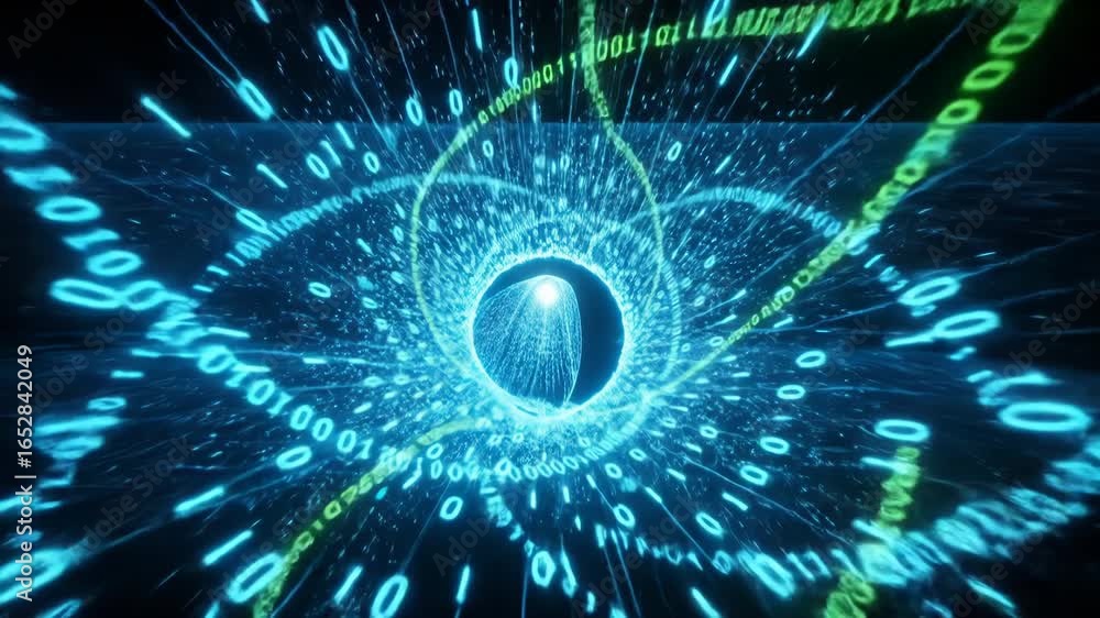 Poster abstract digital data stream vortex swirling with binary code in blue and green hues against black b