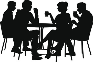 Silhouette of people sitting, drinking coffee, chatting, enjoying conversation, social gathering, relaxed friends, casual meeting, cafe vibe, communication time.