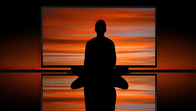 Silhouette of person meditating in front of a large screen displaying a vibrant sunset