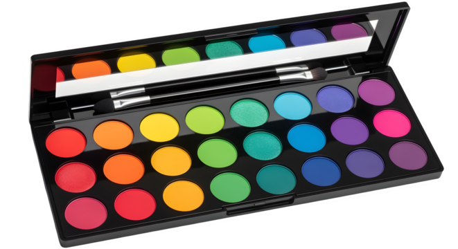 Rainbow eyeshadow palette with vivid colors, isolated on white background