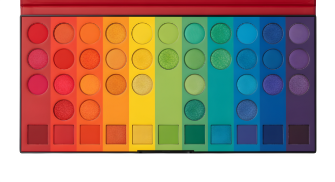 Rainbow eyeshadow palette with vivid colors, isolated on white background