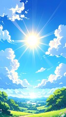 Fototapeta premium A vibrant, sunny landscape with puffy clouds