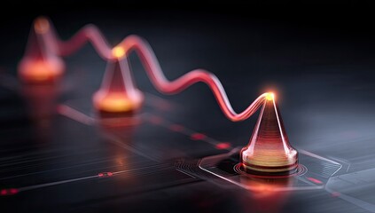 Three glowing cones connected by a red, wavy line on a dark, futuristic surface