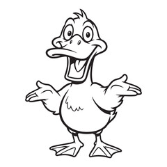 Fototapeta premium Cartoon duck illustration with open arms in black and white coloring page