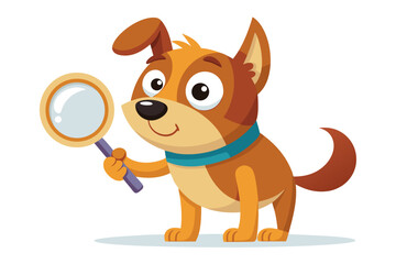 Funny cartoon illustration of a detective dog wearing a green coat and brown hat, holding a magnifying glass over one eye with a curious expression.