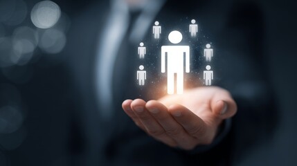 Human Resources Technology Scene with Holographic People Icons Projected Over an Open Hand