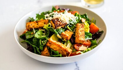 Healthy salad with toasted tofu