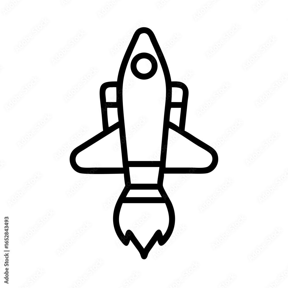 Poster outlined drawing of a spaceship with flames coming out the bottom on a white background design eleme