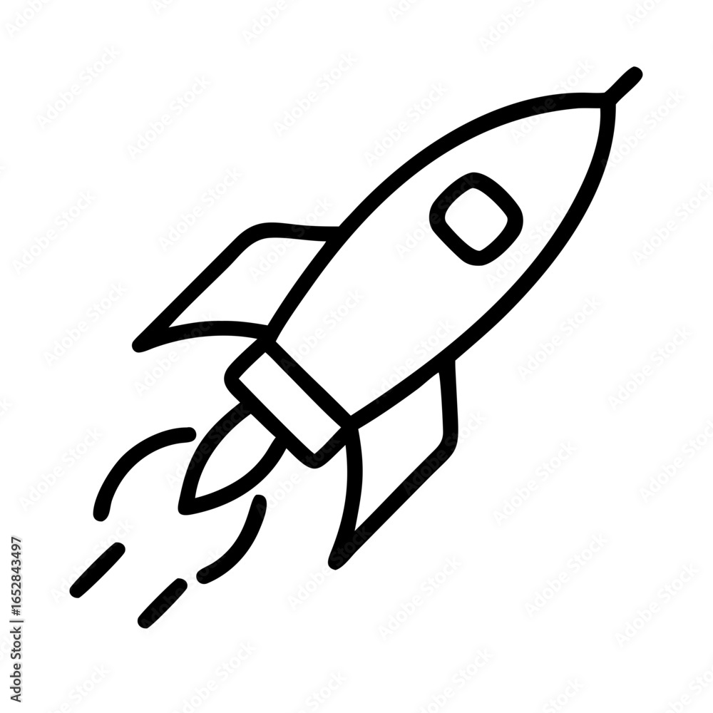 Poster a simple graphic of a rocket launching upwards with flames in a minimalist outline style design elem