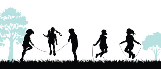Children Skipping Rope Silhouette in Park