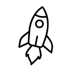 Single line drawing of a rocket ship taking off with flames and wings on a white isolated background