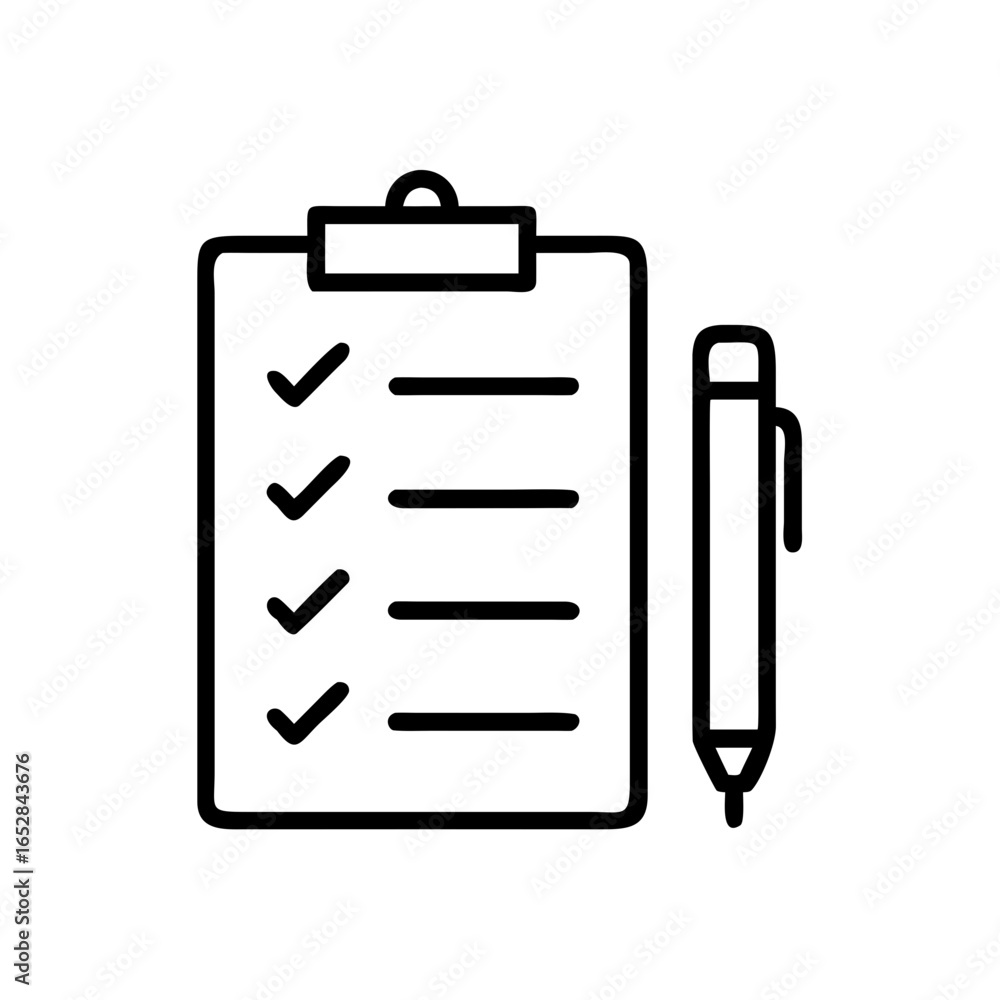 Poster clipboard with check marks and lines alongside a pen used for writing information down quickly