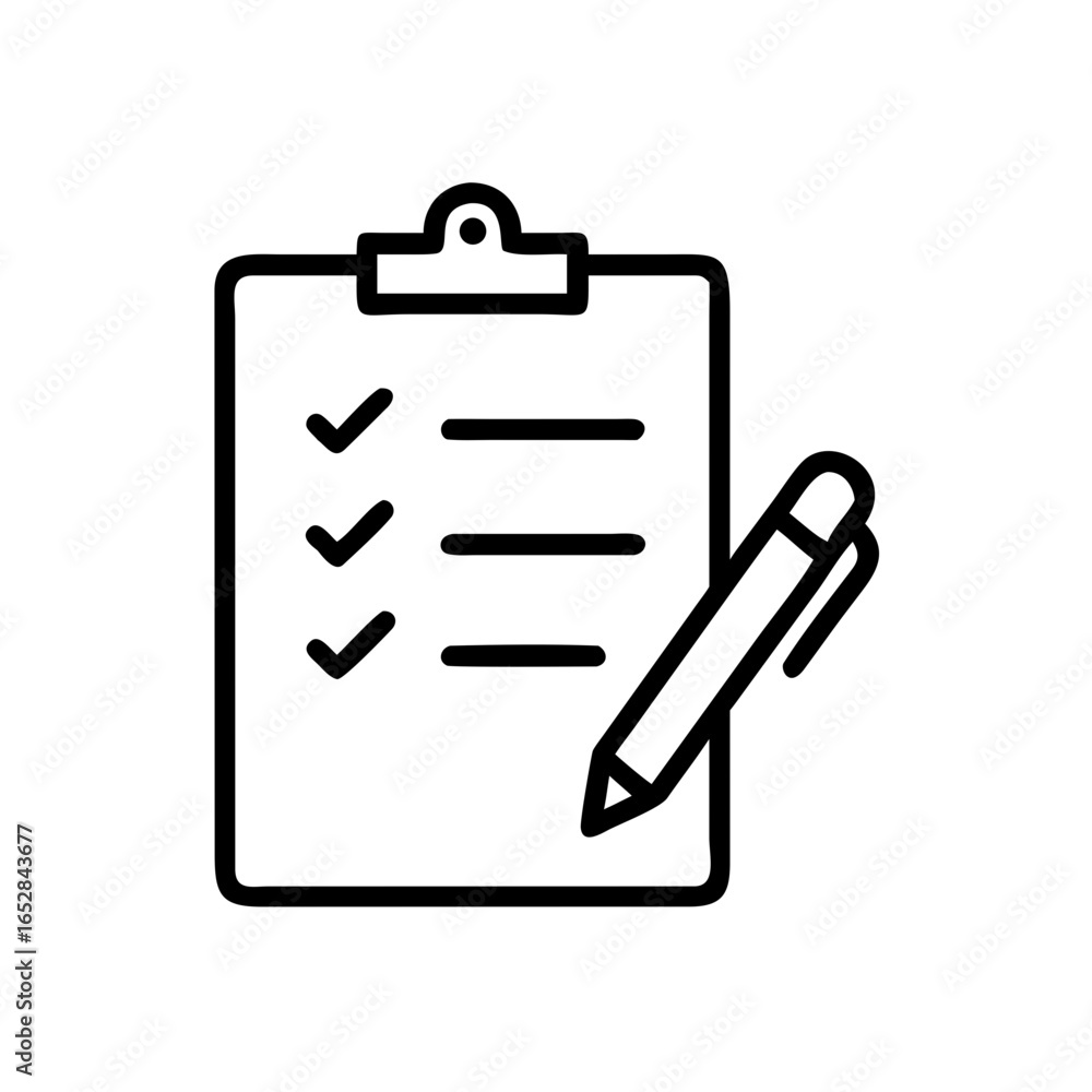 Poster a simple graphic of a clipboard with checks and lines and a pen on the side in black and white desig