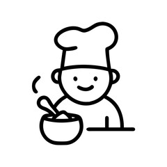 Person with a chef hat stirring something in a bowl with a spoon in a simple line art style design