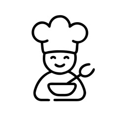 Smiling cook with chef hat holding bowl and spoon ready to serve a delicious meal for everyone