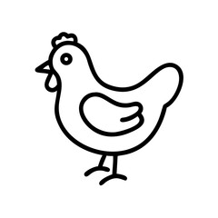 Simple outline drawing of a chicken with a comb and beak standing on two legs in black and white