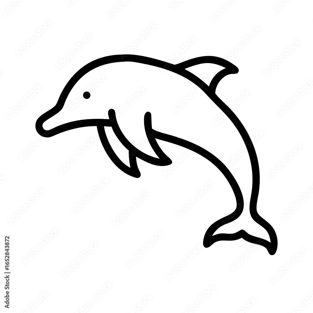 Poster simple line drawing of a sea creature jumping with visible fins and a small tail on a white backgrou