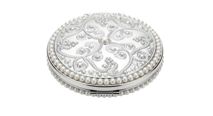 Round compact mirror with pearl detailing, isolated on white background