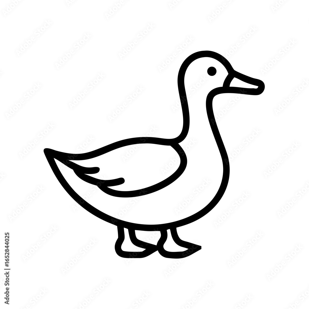 Poster simple outline drawing of a duck standing with black lines and white fill on a white background scen